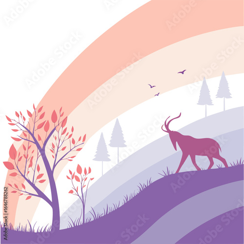 A stylized illustration of a mountain goat walking on rolling hills under a pastel rainbow with birds flying overhead and a tree with red leaves