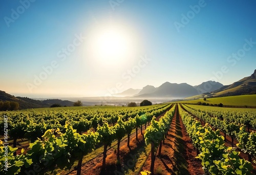 Sun-drenched rows of vines on a Western Cape vineyard hillside, wine, grapes