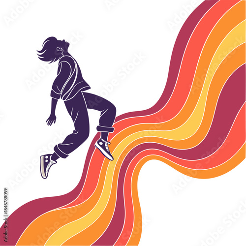 Dynamic silhouette of a person leaping joyfully through vibrant flowing waves of warm colors embodying freedom and movement