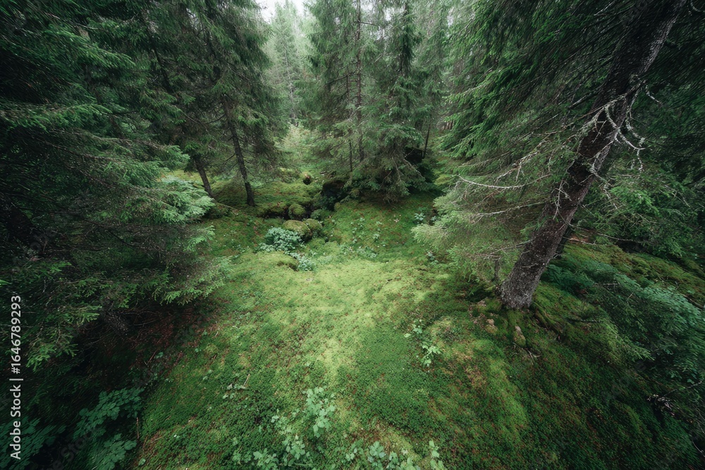 Obraz premium Lush forest floor, dense trees, mossy ground