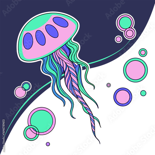 A vibrant stylized illustration of a pink and teal jellyfish with blue accents floating amidst colorful circles against a dark blue and white background