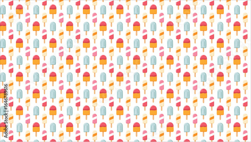 A cute and colorful seamless pattern celebrating summer treats, with a happy mix of different ice cream and popsicle illustrations for a fun and sweet design.