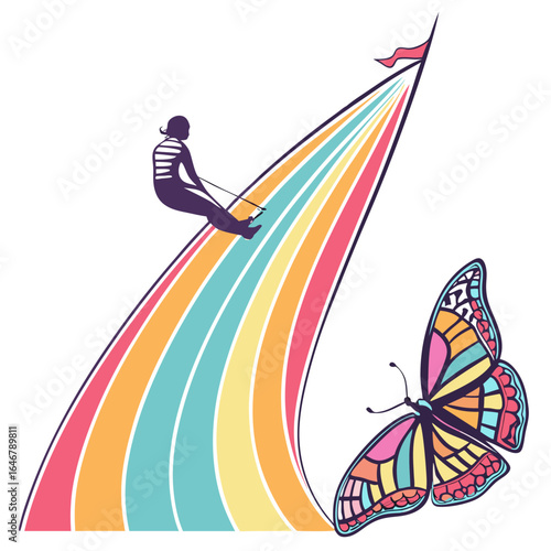 A person on a rainbow slide reaches for a flag while a colorful butterfly flies nearby symbolizing aspiration and freedom