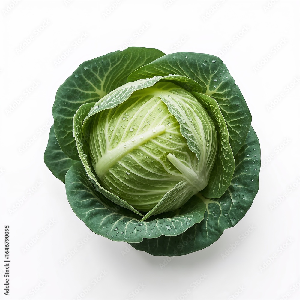 Fototapeta premium A head of green cabbage covered in small water droplets