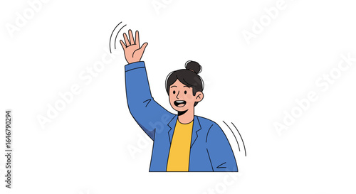 A cheerful person waves hello with a friendly gesture