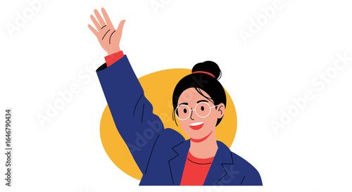 Young woman with glasses raising hand in greeting with a warm smile