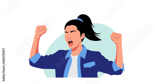 Woman celebrating success with raised fists and joyful expression
