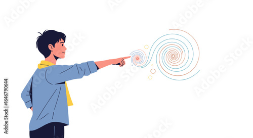Young person pointing at swirling galaxy patterns on white background illustration