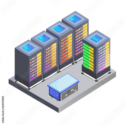 Isometric server room with data storage racks isolated on white background