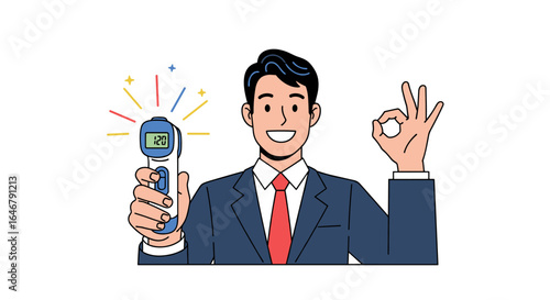 Man holding digital thermometer showing normal temperature giving ok sign