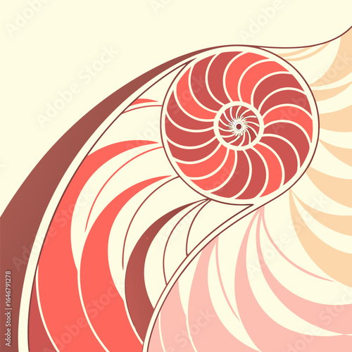 Abstract geometric representation of a nautilus shell s spiral cross section showcasing logarithmic growth patterns in warm coral and cream tones