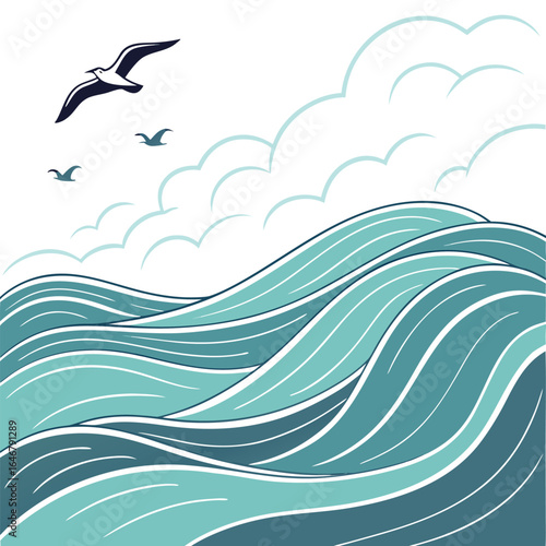 Stylized ocean waves with seagulls soaring under a cloudy sky evoking a sense of coastal serenity and freedom