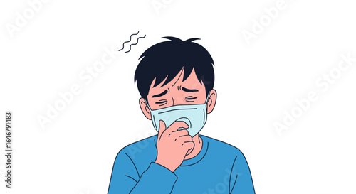 Feeling unwell with respiratory illness wearing a protective mask coughing and sneezing symptoms