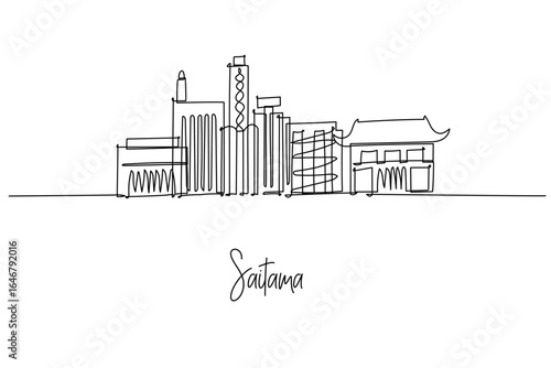 Saitama city skyline in a continuous line drawing shows Saitama Super Arena, the Railway Museum and Cocoon City, a city skyline concept themed around Kanto Japan travel, business and architecture.