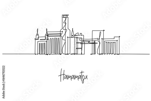 Hamamatsu city skyline in a one line drawing features Act Tower, Hamamatsu Castle and a torii, a city skyline concept themed around Shizuoka Japan travel, Lake Hamana and contemporary architecture.