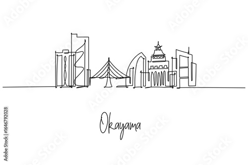 Okayama city skyline in a single line drawing highlights Okayama Castle, Korakuen Garden and a bridge, a city skyline concept themed around Chugoku Japan travel, Momotaro lore and architecture.