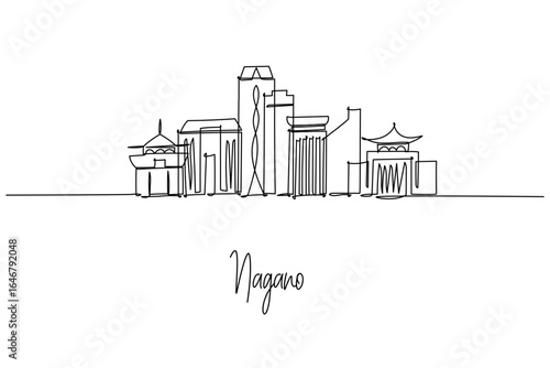 Nagano city skyline in a single line drawing shows Zenko ji, Olympic venues and modern towers, a city skyline concept themed around Nagano Prefecture travel, winter sports, mountains and culture.
