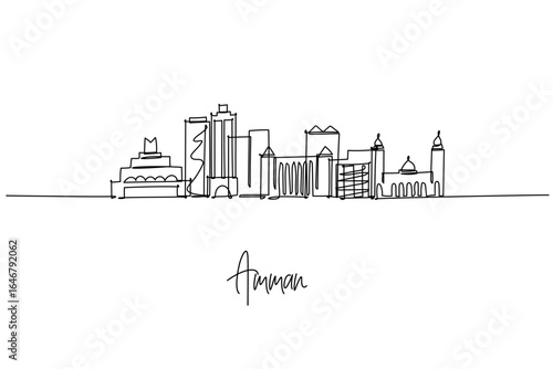 Amman city skyline in a single line drawing highlights the Citadel, Abdali towers, King Abdullah I Mosque and Wadi Abdoun bridge, a city skyline concept themed around Jordan travel and urban culture.
