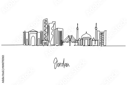 Jordan country skyline in a continuous line drawing shows Amman landmarks, Abdali towers, Wadi Abdoun bridge and mosques, a city skyline concept themed around Middle East travel, heritage and design.