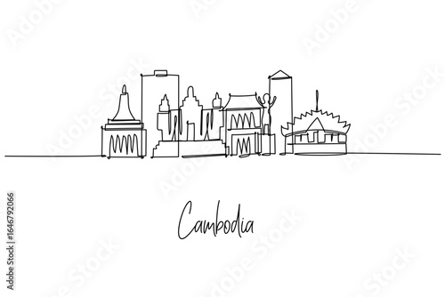 Cambodia country skyline in a continuous line drawing highlights Angkor Wat, Independence Monument and Royal Palace, a skyline concept themed around Cambodia travel, culture and heritage.
