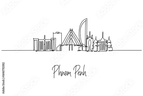 Phnom Penh city skyline in a single line drawing shows Royal Palace, Independence Monument, Vattanac Tower and Koh Pich bridge, a skyline concept themed around Cambodia travel and riverside culture.
