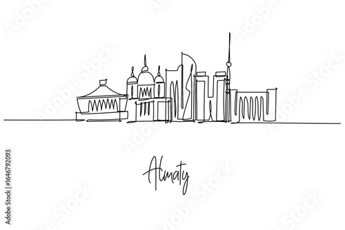 Almaty city skyline in a continuous line drawing highlights Zenkov Cathedral, Kazakhstan Hotel and TV Tower, a skyline concept themed around Kazakhstan travel, mountain views and urban culture