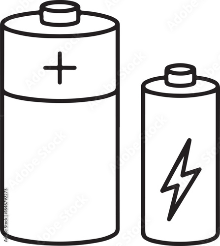 Simple line drawing of two batteries one large and one small showing power symbol and plus sign
