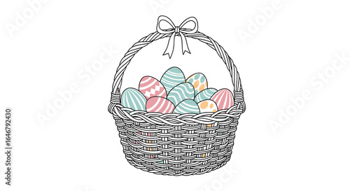 A wicker easter basket overflowing with beautifully decorated eggs