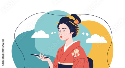 Elegant japanese woman in traditional kimono with modern tech gadget