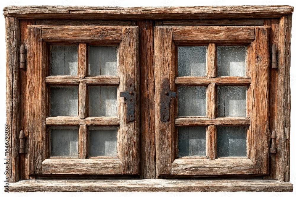 Weathered wooden double-hung window with gridded panes and rusty hardware Weathered wooden double-hung window with gridded panes and rusty hardware