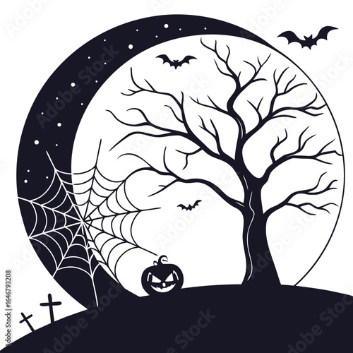 Spooky halloween night with a silhouetted bare tree bats a jack o lantern tombstones and a large crescent moon with a spiderweb