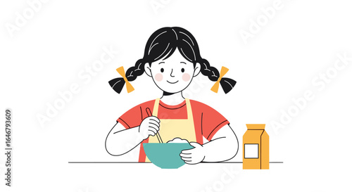 Young girl happily mixing ingredients in a bowl for baking a delicious treat