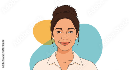 A young woman with her hair up smiling in front of abstract shapes