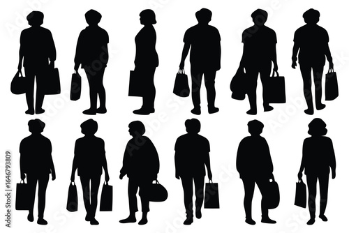 People carry bags silhouettes set isolated flat vector illustration on white background