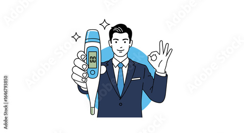 Man in suit holding thermometer and showing ok sign