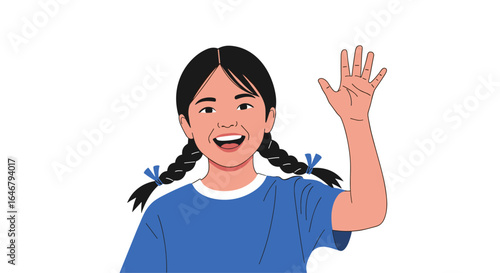 Young asian girl with pigtails waving hello happily in a blue shirt