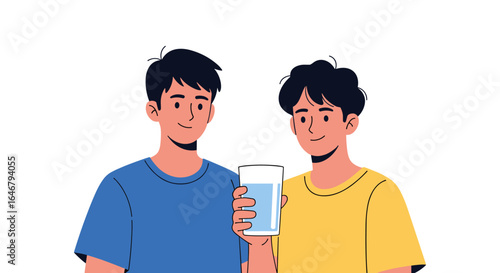 Two young men sharing a refreshing glass of water together and smiling