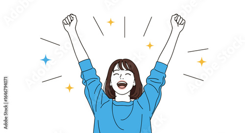 Excited young woman celebrating achievement with raised hands and joyful expression