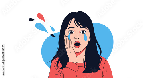 Young woman with tears streaming down her face shocked expression on white background
