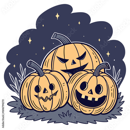 Three spooky jack o lanterns with grinning faces and starry night background perfect for halloween decorations and celebrations