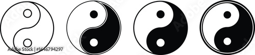 Yin Yang icon set. Symbol of balance and harmony in life and nature, isolated on transparent background. Classic design with black and white. Vector illustration.