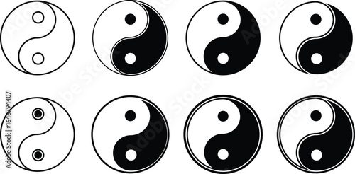 Yin Yang icon set. Symbol of balance and harmony in life and nature, isolated on transparent background. Classic design with black and white. Vector illustration.