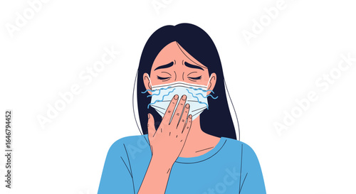 Sad woman feeling sick coughing wearing protective face mask isolated on white
