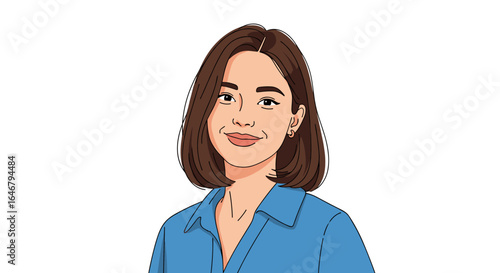 Young woman with a bob haircut and a blue collared shirt smiling brightly