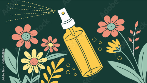Aromatherapy essential oil spray bottle with flowers for natural wellness and relaxation therapy remedy use
