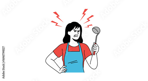 Frustrated chef holding ladle showing anger with lightning bolts above head