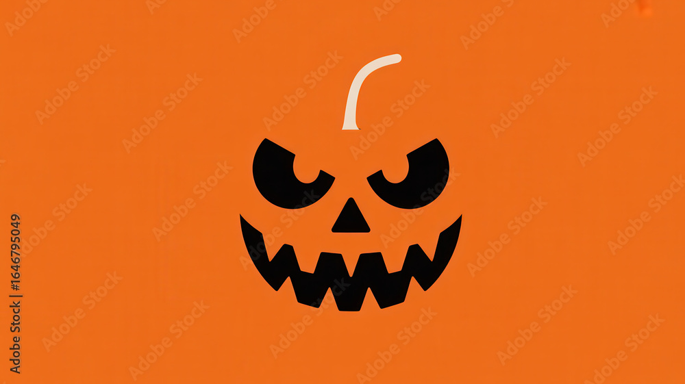 Naklejka premium Spooky carved jack o lantern face with glowing eyes and jagged teeth on a solid orange background
