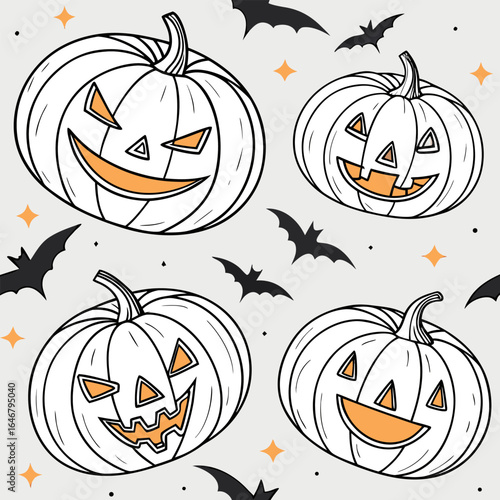 Spooky halloween pattern featuring grinning jack o lanterns and flying bats set against a light gray background with scattered orange stars and dots