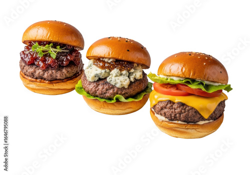 Three distinct gourmet beef sliders (bacon-jam, blue cheese, classic cheddar), juicy patties, toasted brioche buns on a white plate against transparent, soft studio light, dynamic view. Concept of