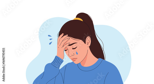 Woman feeling sadness stress and anxiety holding her forehead in disappointment
